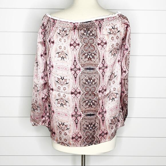 ASOS Border Print Satin Off Shoulder Top Pink Size Small - Picture 8 of 10